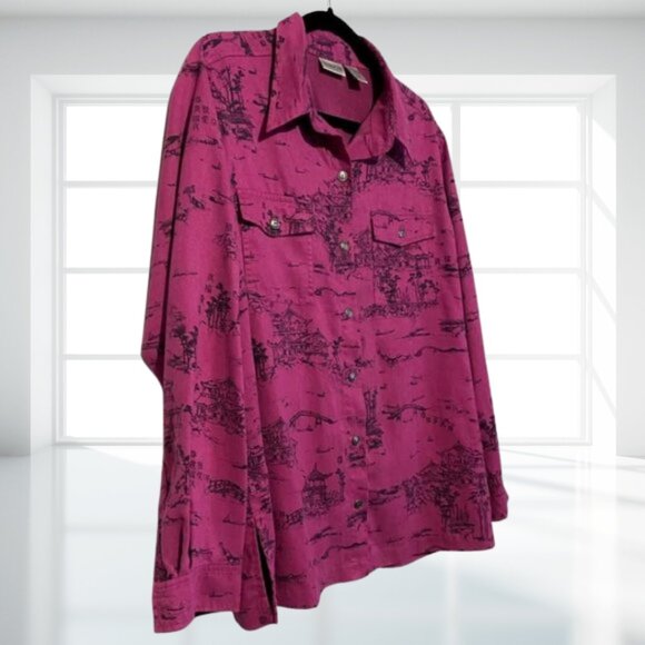 Chico's Large Pink Black Asian Scene Print Tunic Shirt Blouse Long Sleeve Button - Picture 4 of 10